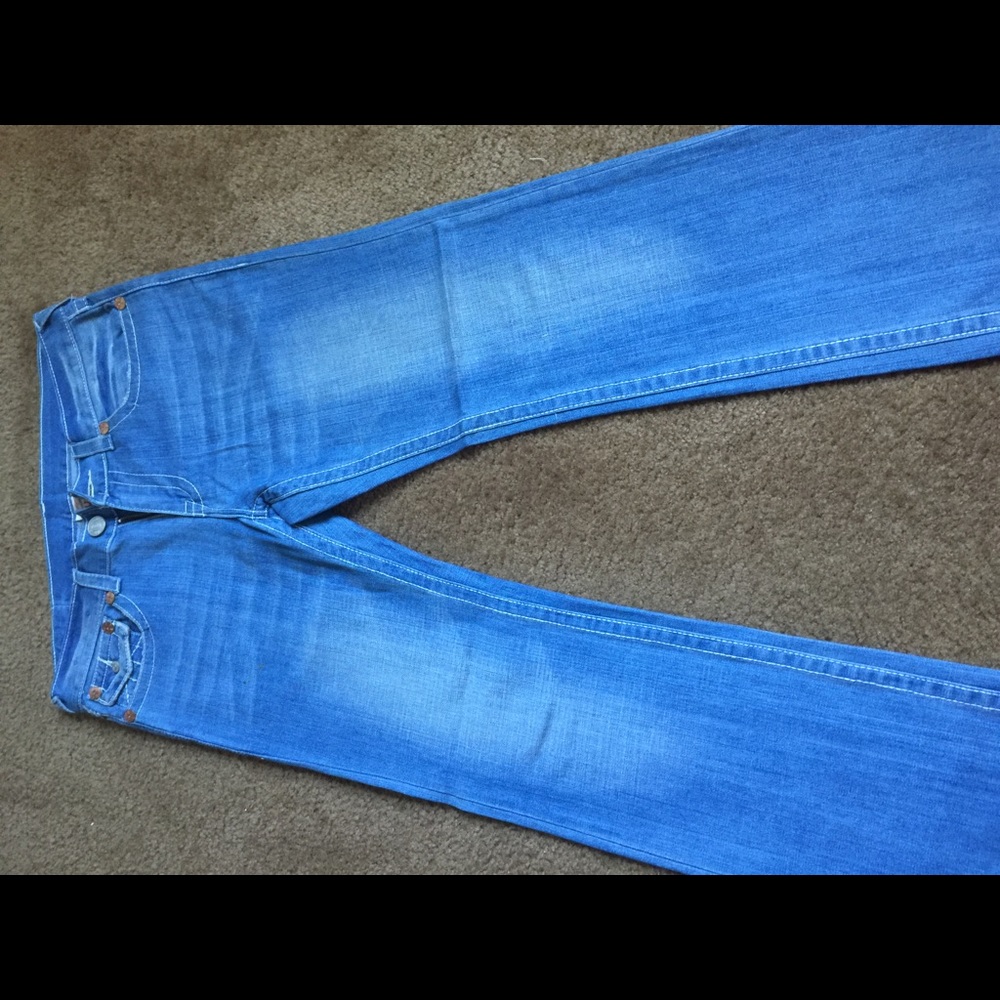 True Religion white stitched blue jeans